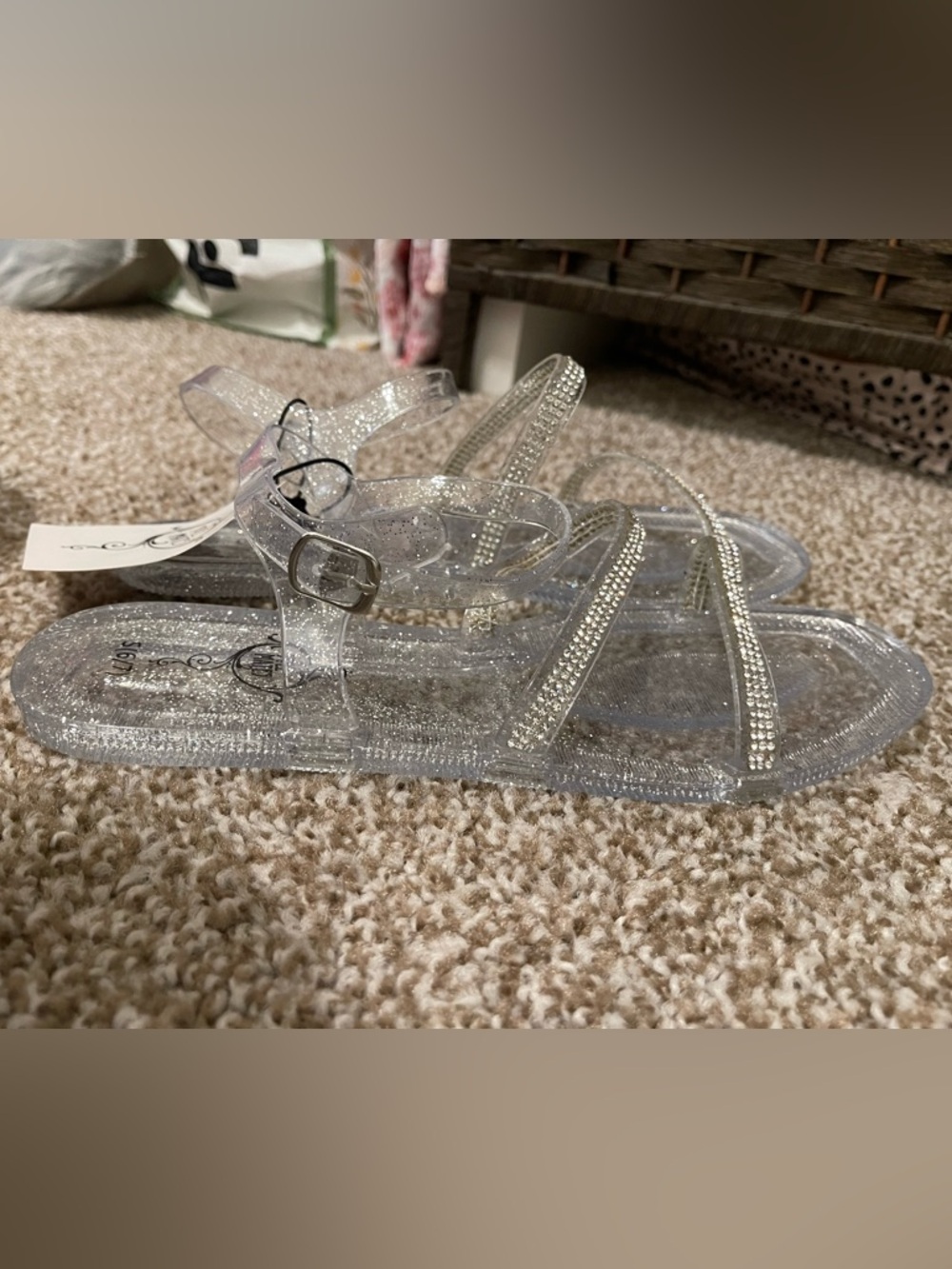Clear Glitter Jelly Sandals with Rhinestone Straps - Women